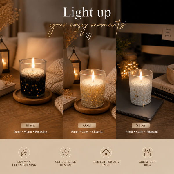 Glitter Star Candle Collection in Black, Gold or Silver