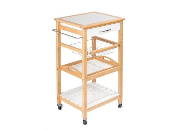 Wenko Finja Bamboo Kitchen Trolley – 3-Tier Rolling Cart with Drawer