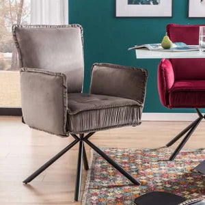 Kare Design Velvet Grey Swivel Dining Chair with Armrests – 360° Padded Design Chair with Black Metal Legs