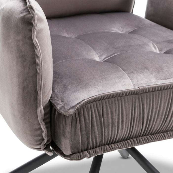Kare Design Velvet Grey Swivel Dining Chair with Armrests – 360° Padded Design Chair with Black Metal Legs