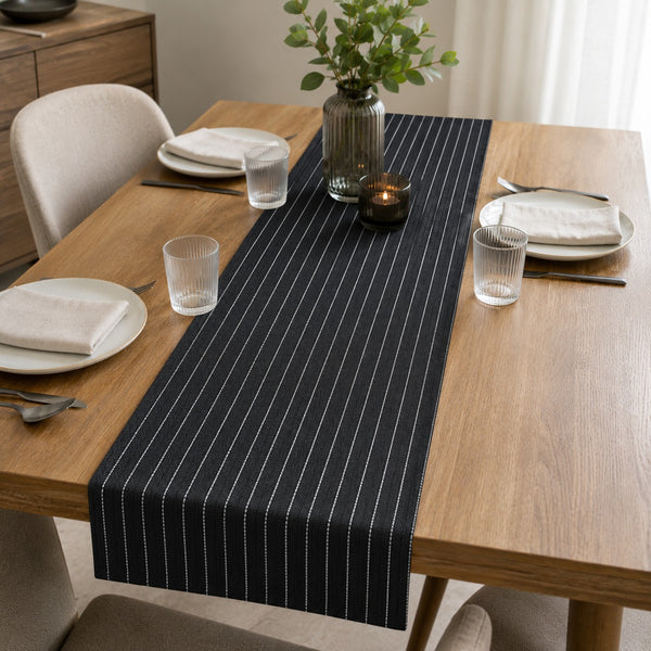 black table runner, striped table runner 145 cm, modern dining table runner, black and white table runner, woven table runner, contemporary table décor, dining table decoration, 145 x 50 cm table runner