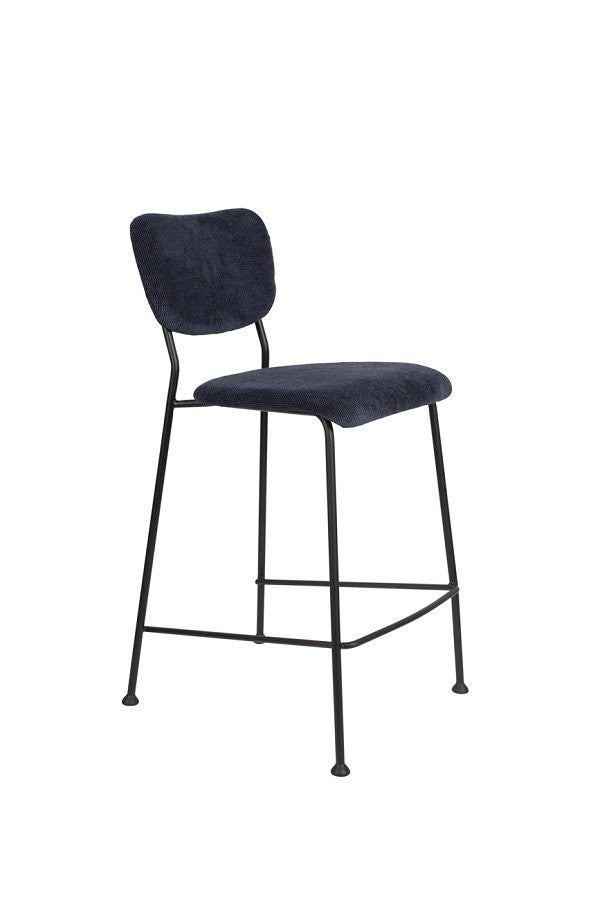 Black bar stool with cushioned seat and backrest on a white background