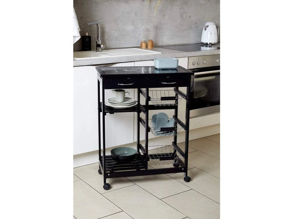 Wenko Bon Appetit Kitchen Trolley – 5-Tier Rolling Cart with Glass Cutting Board