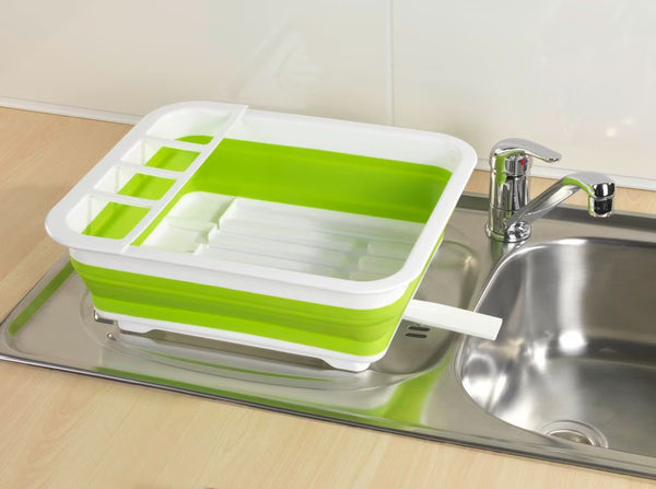Wenko Dish drainer Gaia foldable green/white with cutlery holder and plate stand