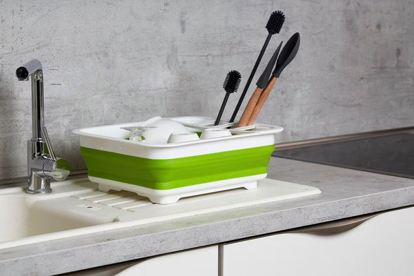 Wenko Dish drainer Gaia foldable green/white with cutlery holder and plate stand