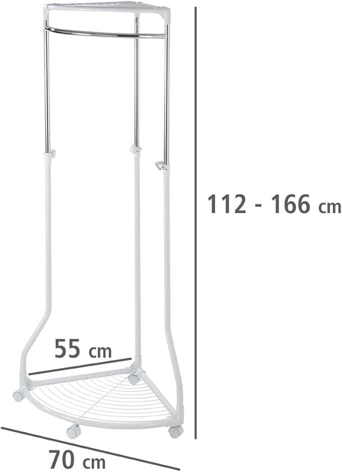 Wenko Pointy Corner Clothes Rack – Height-Adjustable Chrome Coat Stand with 2 Storage Shelves
