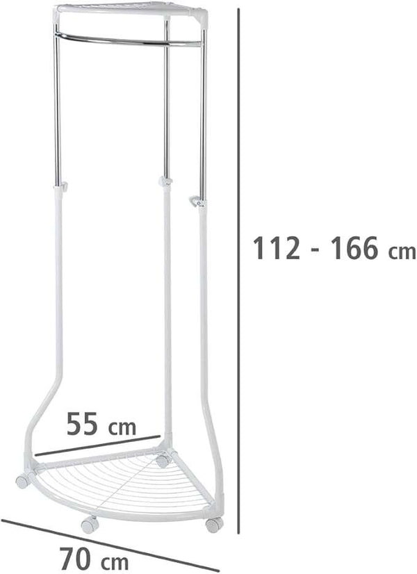 Wenko Pointy Corner Clothes Rack – Height-Adjustable Chrome Coat Stand with 2 Storage Shelves
