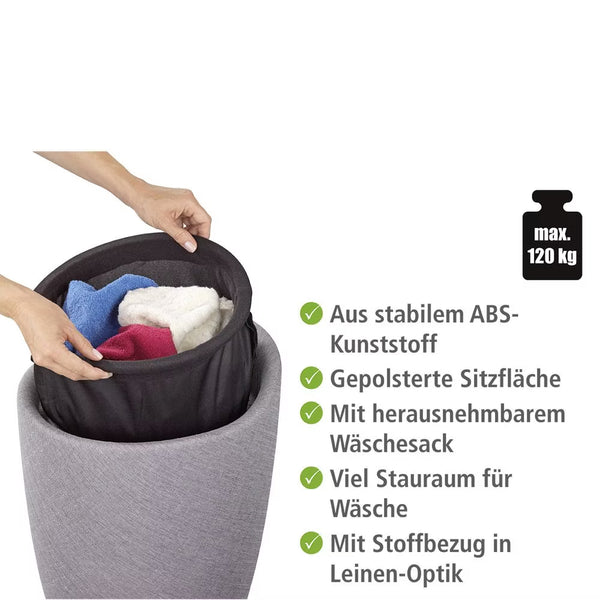 Wenko Candy Light Grey Laundry Stool – 2-in-1 Bathroom Pouf with Linen-Look Fabric
