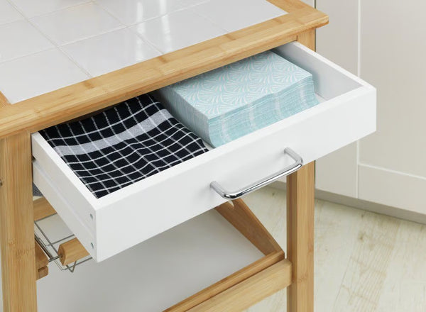 Wenko Finja Bamboo Kitchen Trolley – 3-Tier Rolling Cart with Drawer