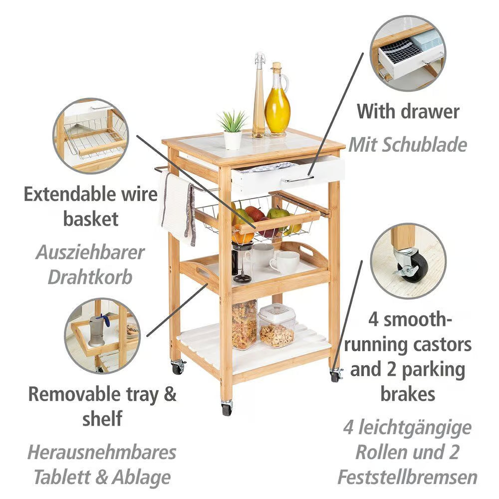 Wenko Finja Bamboo Kitchen Trolley – 3-Tier Rolling Cart with Drawer