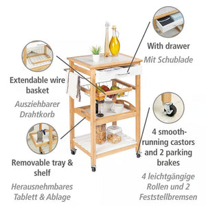 Wenko Finja Bamboo Kitchen Trolley – 3-Tier Rolling Cart with Drawer