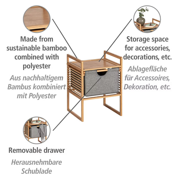 Wenko Bahari Bamboo Side Table – Modern End Table with Removable Grey Fabric Drawer