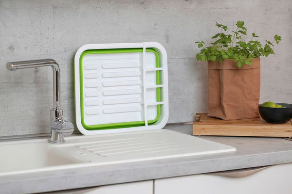 Wenko Dish drainer Gaia foldable green/white with cutlery holder and plate stand