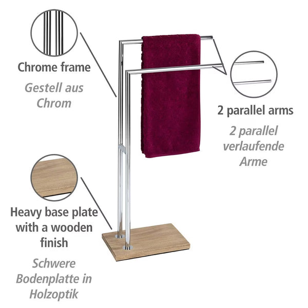 Wenko Marla Towel & Clothes Rack – 2-Arm Standing Holder with Natural Wood