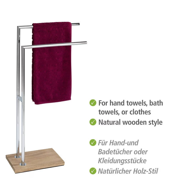 Wenko Marla Towel & Clothes Rack – 2-Arm Standing Holder with Natural Wood