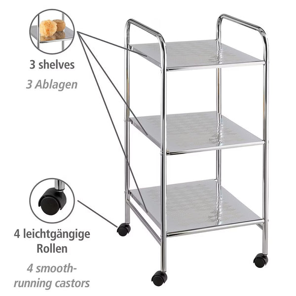 Wenko Sando 3-Tier Rolling Trolley – Compact Chrome Storage Cart for Bathroom, Kitchen & Living Room