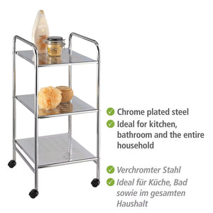 Wenko Sando 3-Tier Rolling Trolley – Compact Chrome Storage Cart for Bathroom, Kitchen & Living Room