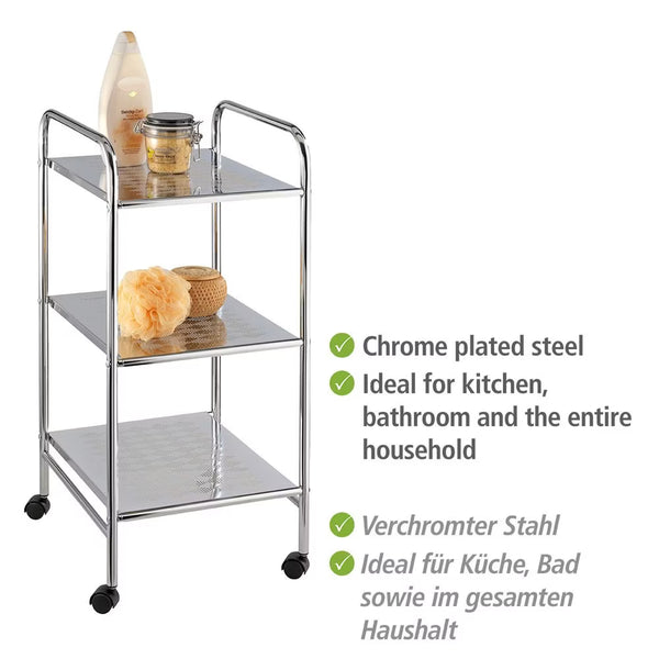 Wenko Sando 3-Tier Rolling Trolley – Compact Chrome Storage Cart for Bathroom, Kitchen & Living Room