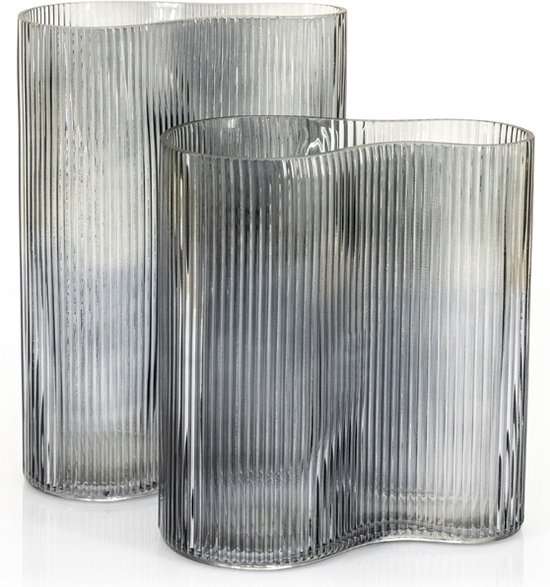 By-Boo Riba Ribbed Glass Vase in Grey - Two Different Heights