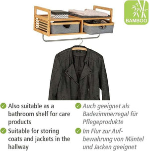 Wenko Bahari Bamboo Wall Coat Rack – Entryway Organizer with 2 Drawers & Stainless Steel Rail