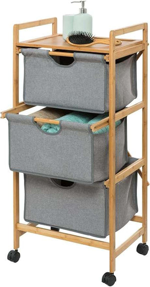 Wenko Nori Bamboo Rolling Trolley – 3-Tier Laundry & Storage Cart with Removable Baskets