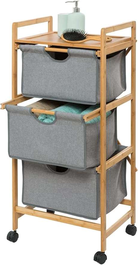 Wenko Nori Bamboo Rolling Trolley – 3-Tier Laundry & Storage Cart with Removable Baskets