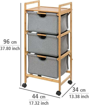 Wenko Nori Bamboo Rolling Trolley – 3-Tier Laundry & Storage Cart with Removable Baskets
