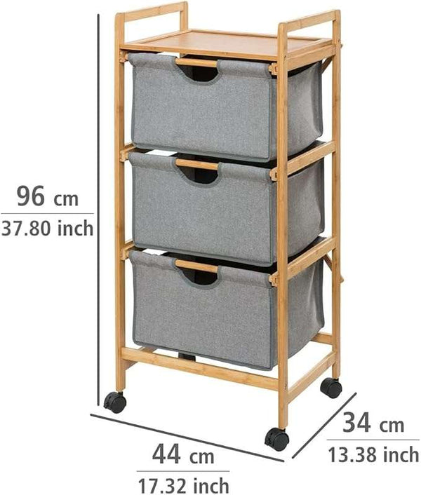 Wenko Nori Bamboo Rolling Trolley – 3-Tier Laundry & Storage Cart with Removable Baskets