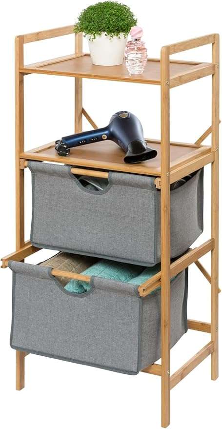 Wenko Nori Bamboo Storage Shelf – 2-Basket Laundry Rack with Dual Shelves