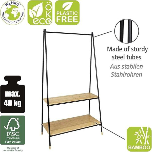 Wenko Loft Freestanding Coat Stand – Industrial Bamboo & Steel Wardrobe with 2 Shelves