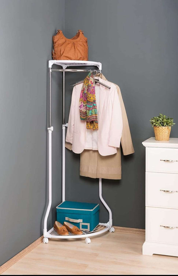 Wenko Pointy Corner Clothes Rack – Height-Adjustable Chrome Coat Stand with 2 Storage Shelves