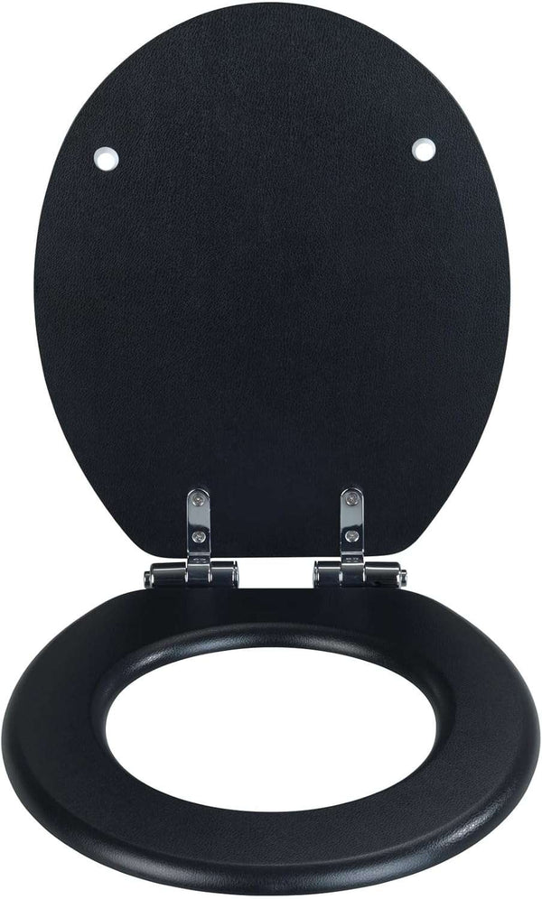 Wenko Toilet Seat Black – Soft Close MDF WC Seat with Leather Look Design