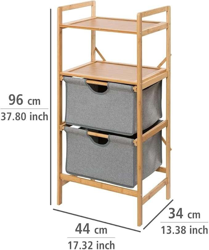 Wenko Nori Bamboo Storage Shelf – 2-Basket Laundry Rack with Dual Shelves