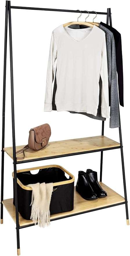 Wenko Loft Freestanding Coat Stand – Industrial Bamboo & Steel Wardrobe with 2 Shelves