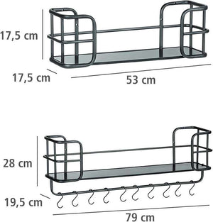 Wenko Industrial Wall Shelf Set – 2-Piece Black Metal & MDF Floating Shelves with 10 S-Hooks