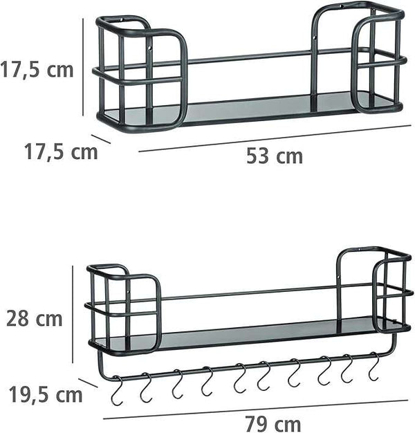 Wenko Industrial Wall Shelf Set – 2-Piece Black Metal & MDF Floating Shelves with 10 S-Hooks