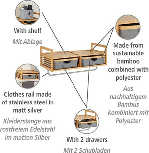 Wenko Bahari Bamboo Wall Coat Rack – Entryway Organizer with 2 Drawers & Stainless Steel Rail