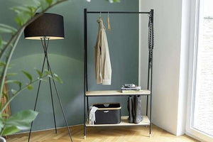 Wenko Loft Freestanding Coat Stand – Industrial Bamboo & Steel Wardrobe with 2 Shelves
