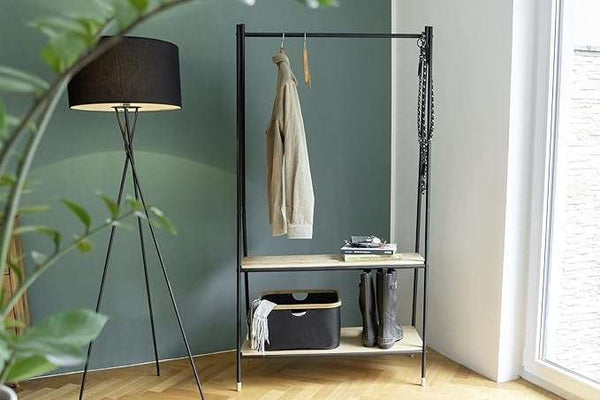 Wenko Loft Freestanding Coat Stand – Industrial Bamboo & Steel Wardrobe with 2 Shelves
