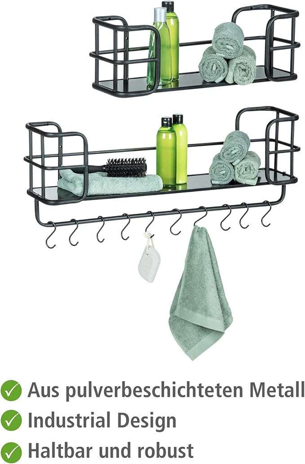 Wenko Industrial Wall Shelf Set – 2-Piece Black Metal & MDF Floating Shelves with 10 S-Hooks