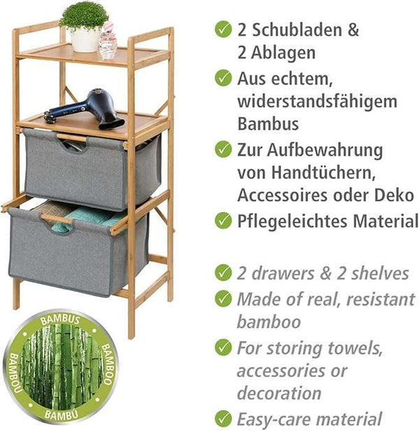 Wenko Nori Bamboo Storage Shelf – 2-Basket Laundry Rack with Dual Shelves