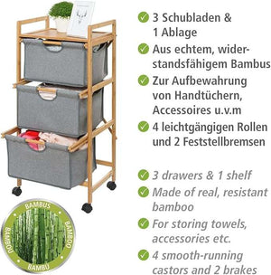 Wenko Nori Bamboo Rolling Trolley – 3-Tier Laundry & Storage Cart with Removable Baskets