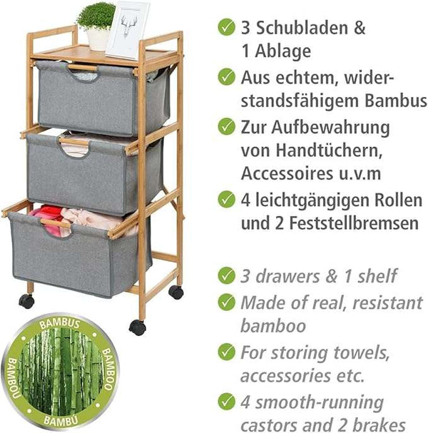 Wenko Nori Bamboo Rolling Trolley – 3-Tier Laundry & Storage Cart with Removable Baskets