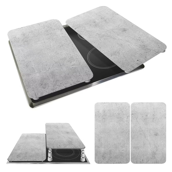 Wenko Universal Glass Stove Cover Plates – 2pc Set, Concrete Look Splash Guard & Cutting Board