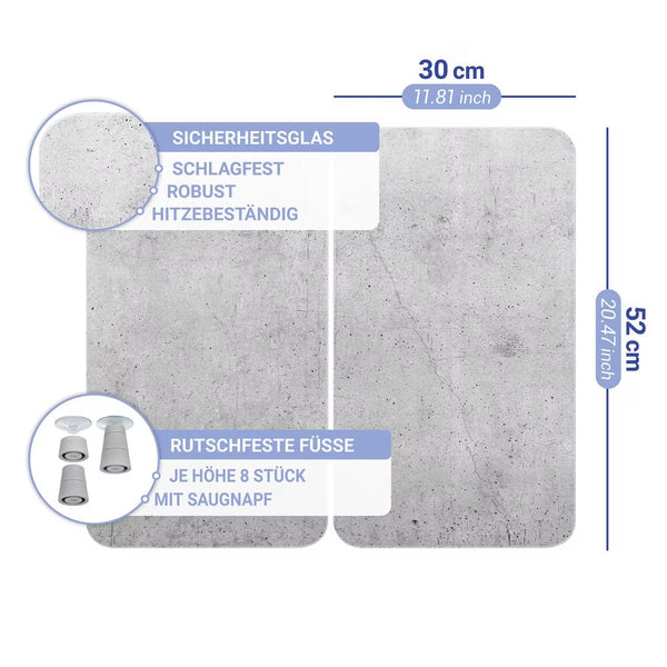 Wenko Universal Glass Stove Cover Plates – 2pc Set, Concrete Look Splash Guard & Cutting Board