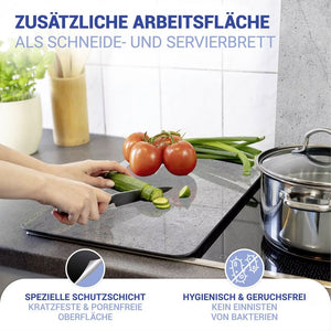 Wenko Universal Glass Stove Cover Plates – 2pc Set, Concrete Look Splash Guard & Cutting Board