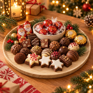 A festive holiday chocolate assortment arranged on a round wooden platter, including wrapped chocolates, star-shaped chocolates, chocolate-covered nuts, and Santa-themed treats, styled with evergreen branches, candles, and warm holiday lights.