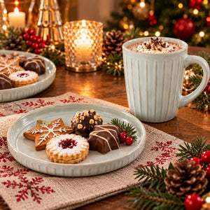 A festive holiday table setting featuring a white ribbed ceramic mug filled with a hot cocoa drink topped with cocoa powder and a sprinkle of cinnamon, alongside a plate of assorted Christmas cookies on a placemat with a snowflake pattern. The background is decorated with a lit candle, a Christmas tree, and warm bokeh lights.