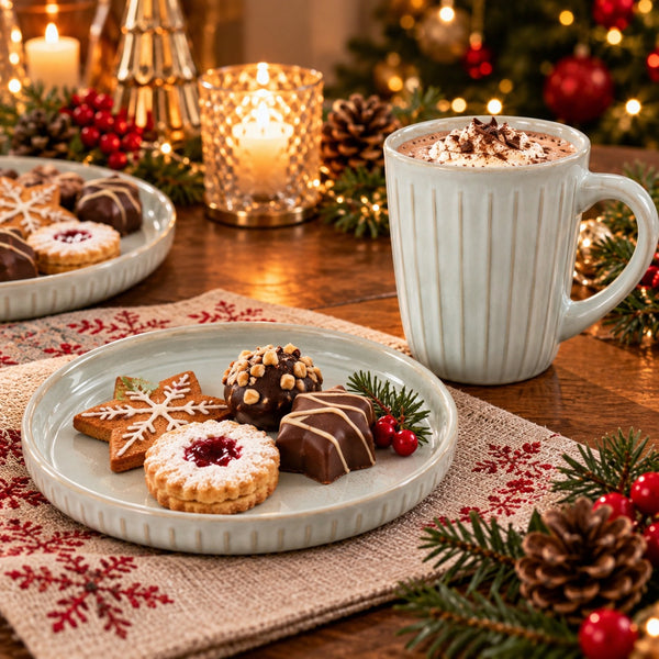 A festive holiday table setting featuring a white ribbed ceramic mug filled with a hot cocoa drink topped with cocoa powder and a sprinkle of cinnamon, alongside a plate of assorted Christmas cookies on a placemat with a snowflake pattern. The background is decorated with a lit candle, a Christmas tree, and warm bokeh lights.
