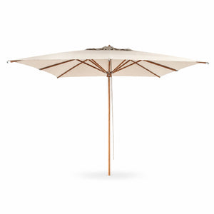 A large patio umbrella with a cream-colored canopy and a light brown wooden pole, shown against a solid white background.